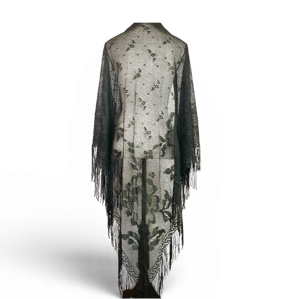 Vintage Black Lace Fringe Shawl Wrap Floral Mesh Boho Stevie Nicks Style 72x48